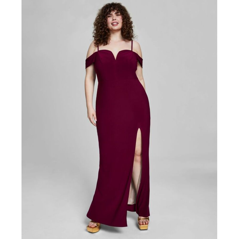 City Studios Trendy Plus Size Off The Shoulder Slit Gown